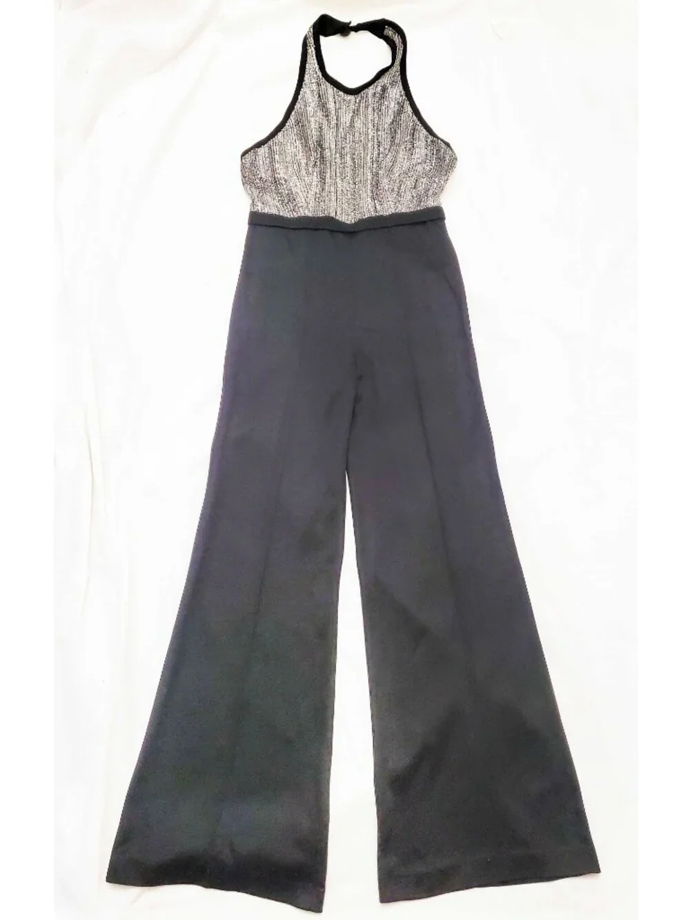1970s Vintage Womens Disco Silver Metallic Black Bell Bottom Halter Top Jumpsuit
